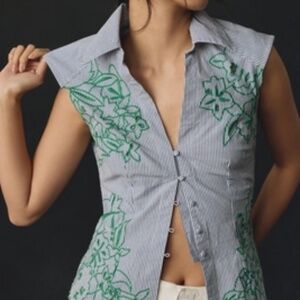 Anthropologie Maeve Sleeveless Floral Embroidered Buttondown Blouse